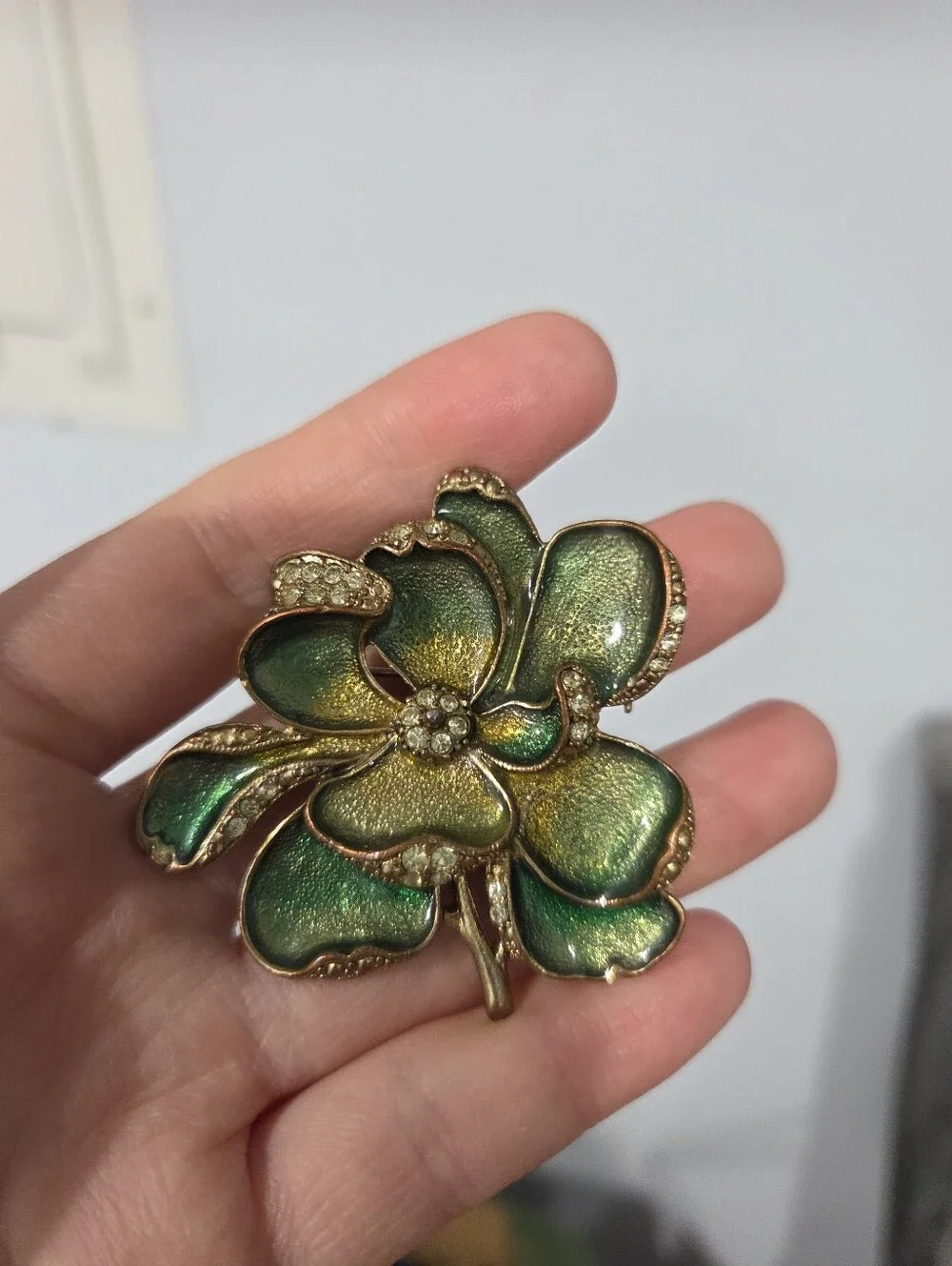 Monet Signed Green Enamel & Rhinestone Flower Gold Tone Brooch